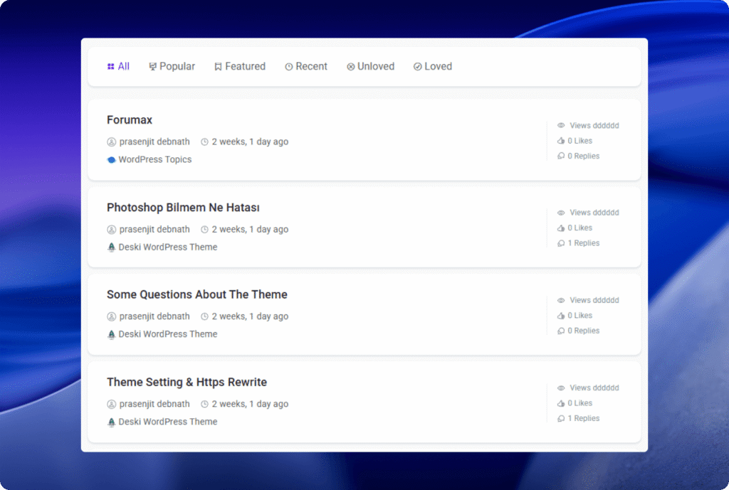 Forumax Ajax Forums layout with filter tabs for an Elementor forum plugin page